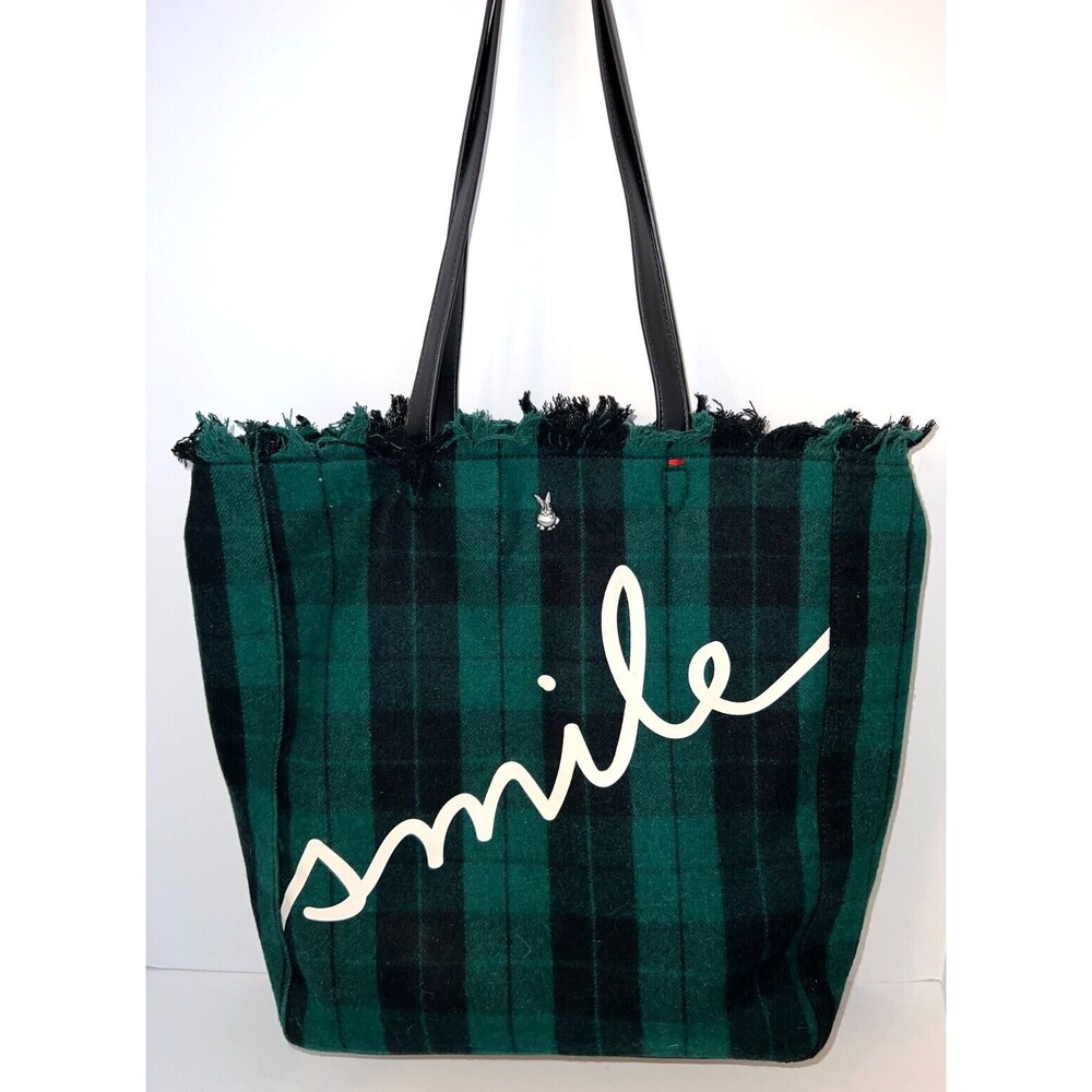 Tartan Green Embellished Tote‎ Smile ED w/ Rabbit Embellishment Shoulder Bag